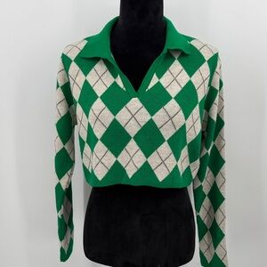 Pretty Little Thing sweater Green Argyle crop top medium